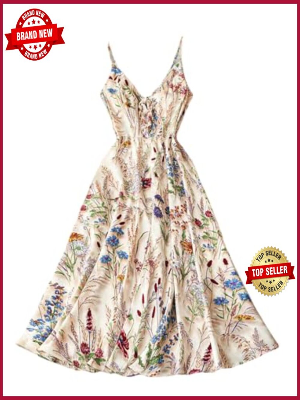 Women's Floral V-Neck Spaghetti Strap Midi Dress A-Line Flowy Boho Sundress - Picture 3 of 5